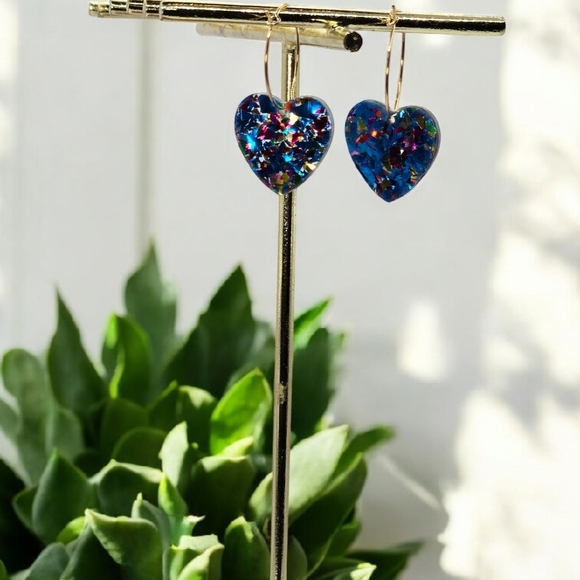 Multi Color Foil Glitter Heart Hoop Earrings - Picture 2 of 4